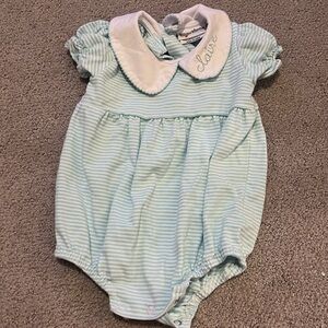 Monogrammed “Claire” bubble. 9 month. Peter Pan collar. Bayou Blanks brand.